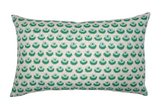 Rectangular pillow cover with repeating green, teal, and brown semi-circular fan pattern on white background, shown flat on a white surface.
