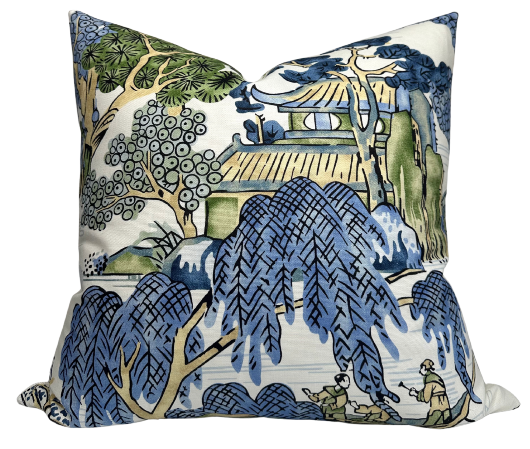 Asian Scenic Pillow Cover in blue and green colors with ivory linen back