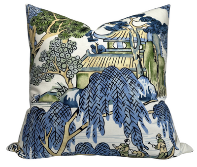 Asian Scenic Pillow Cover in blue and green colors with ivory linen back