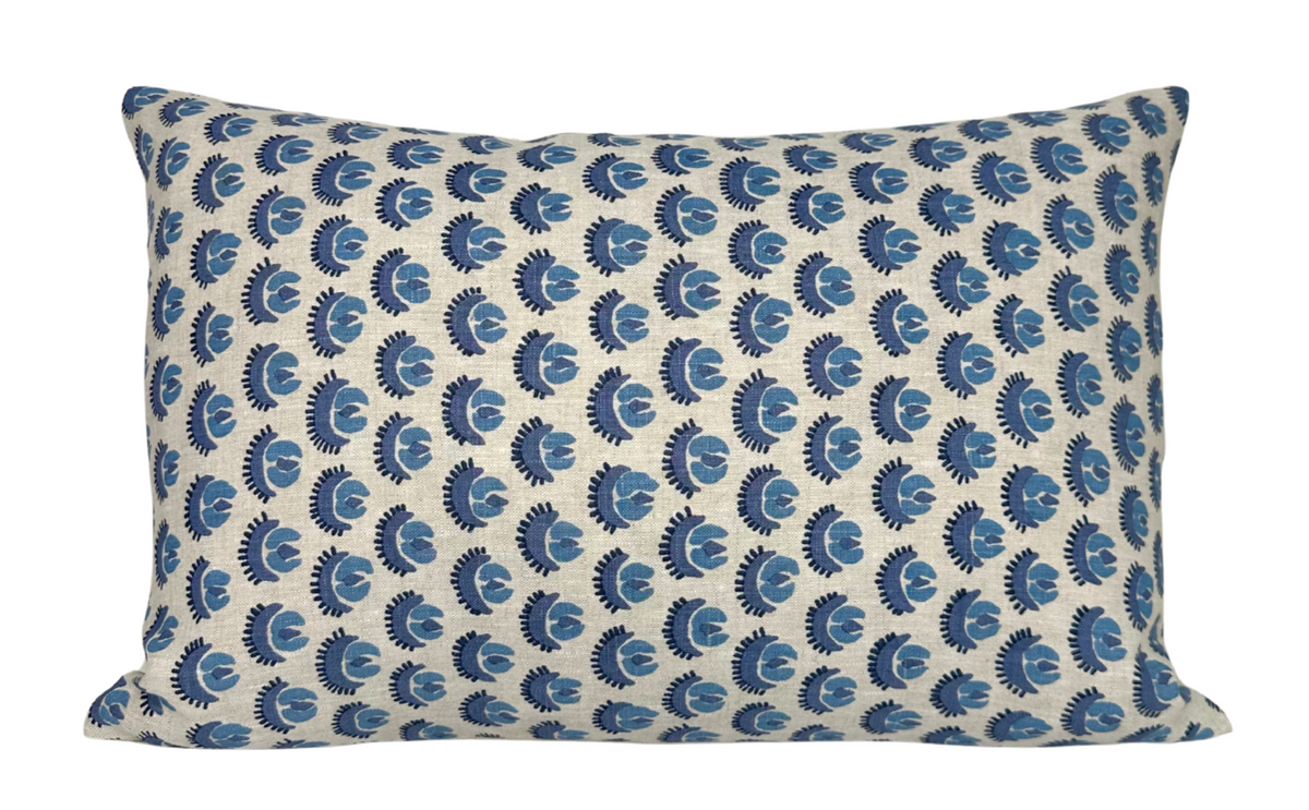 Cadiz Pillow Cover in Blue, front showing blue printed fabric and back showing ivory linen fabric