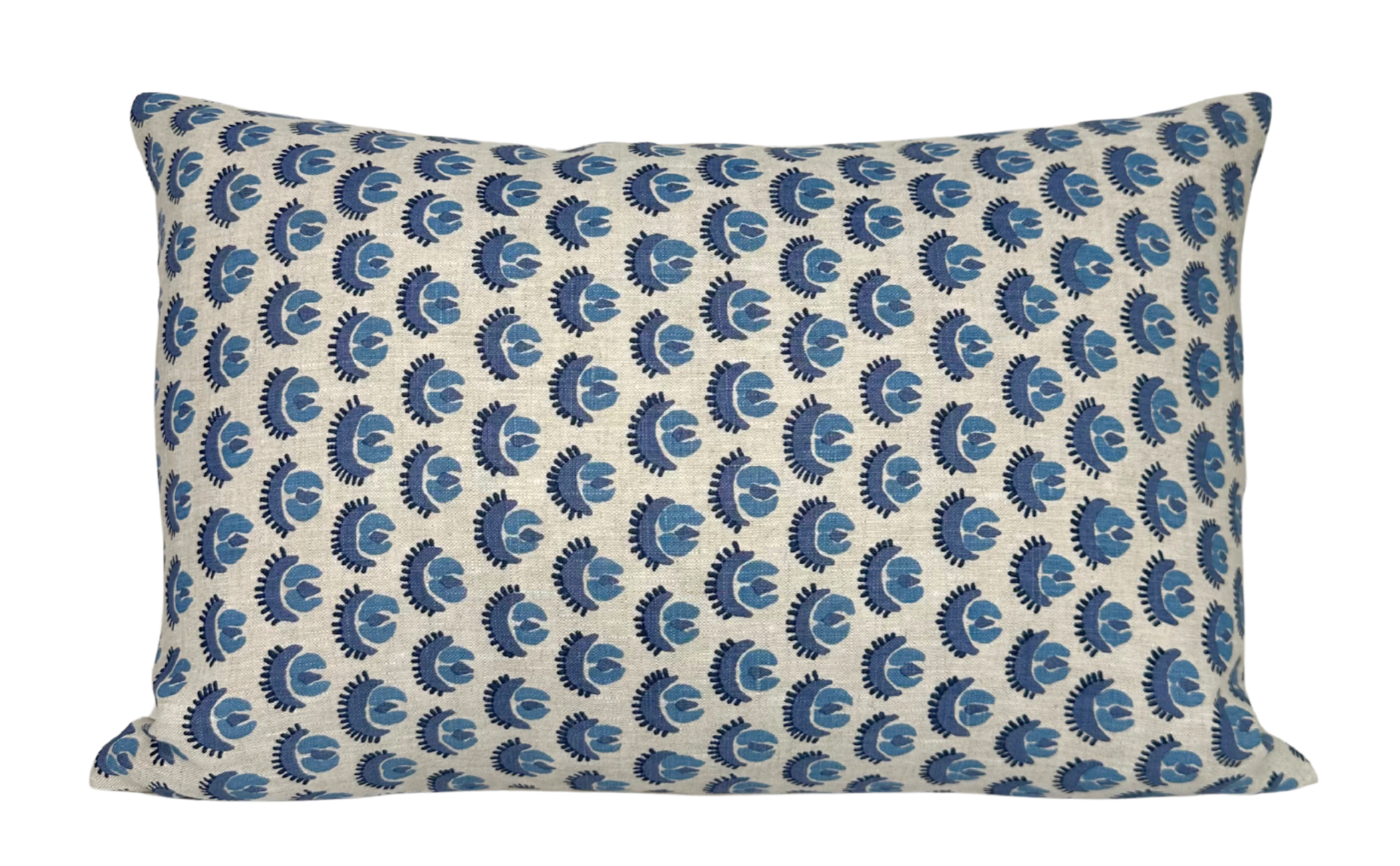 Cadiz Pillow Cover in Blue, front showing blue printed fabric and back showing ivory linen fabric