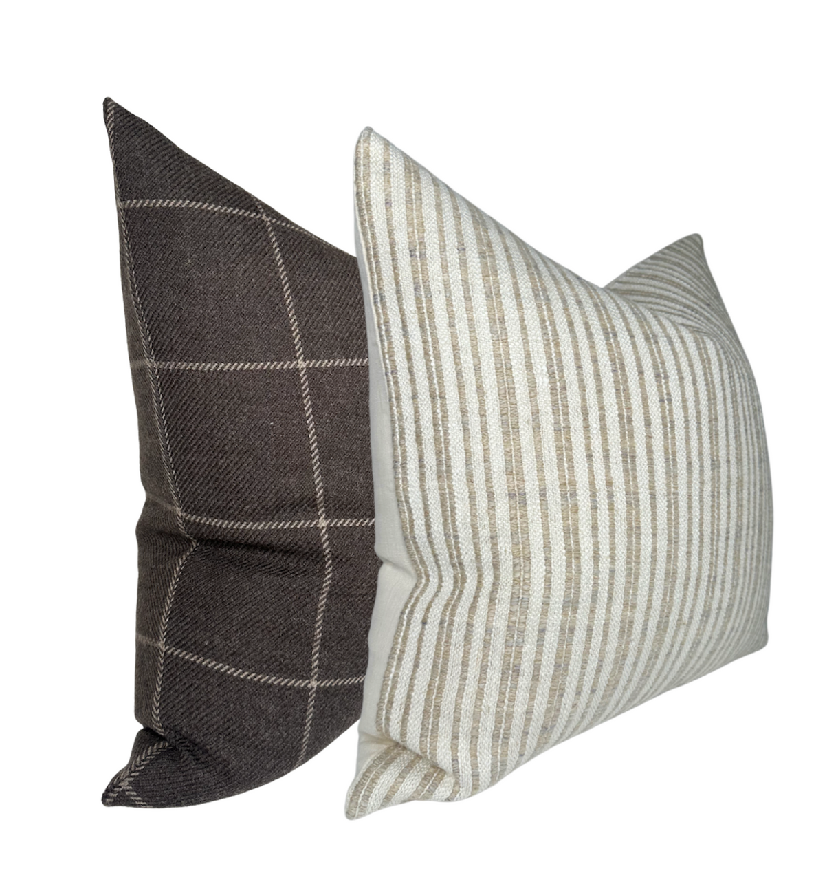 Two decorative pillows shown at an angle, one with beige and white vertical stripes and the other with dark brown and light beige windowpane pattern.