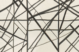 Abstract pattern of intersecting ebony black lines of varying thickness on a beige fabric background forming irregular geometric shapes.