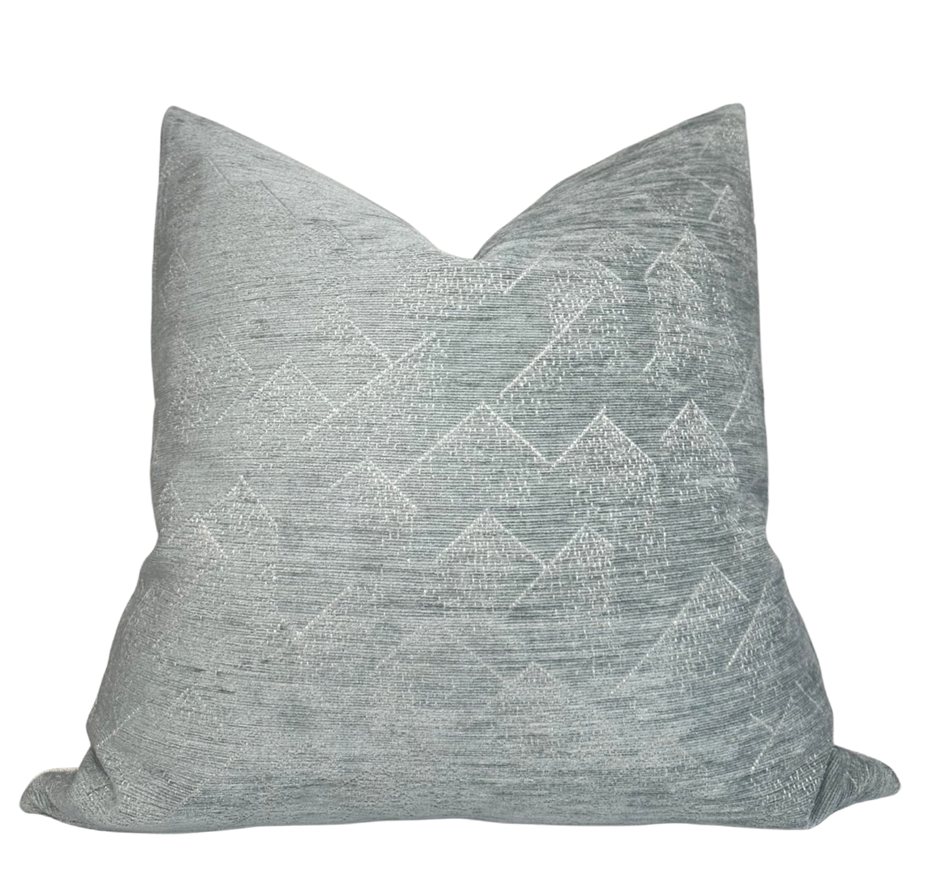 Brink Pillow Cover in Water, showing front jacquard velvet fabric and ivory linen back
