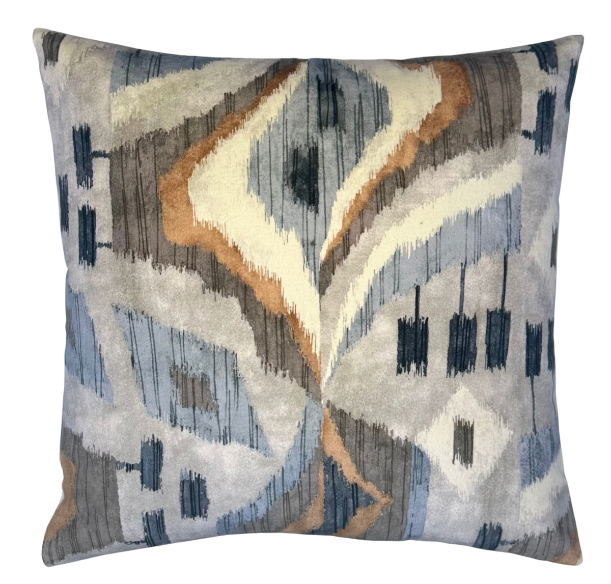 Square decorative pillow with abstract, brushstroke pattern in muted blue, gray, beige, and brown tones on soft velvet fabric.