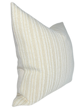 Square pillow with a textured woven cover featuring vertical cream and ecru stripes, shown angled against a white background.