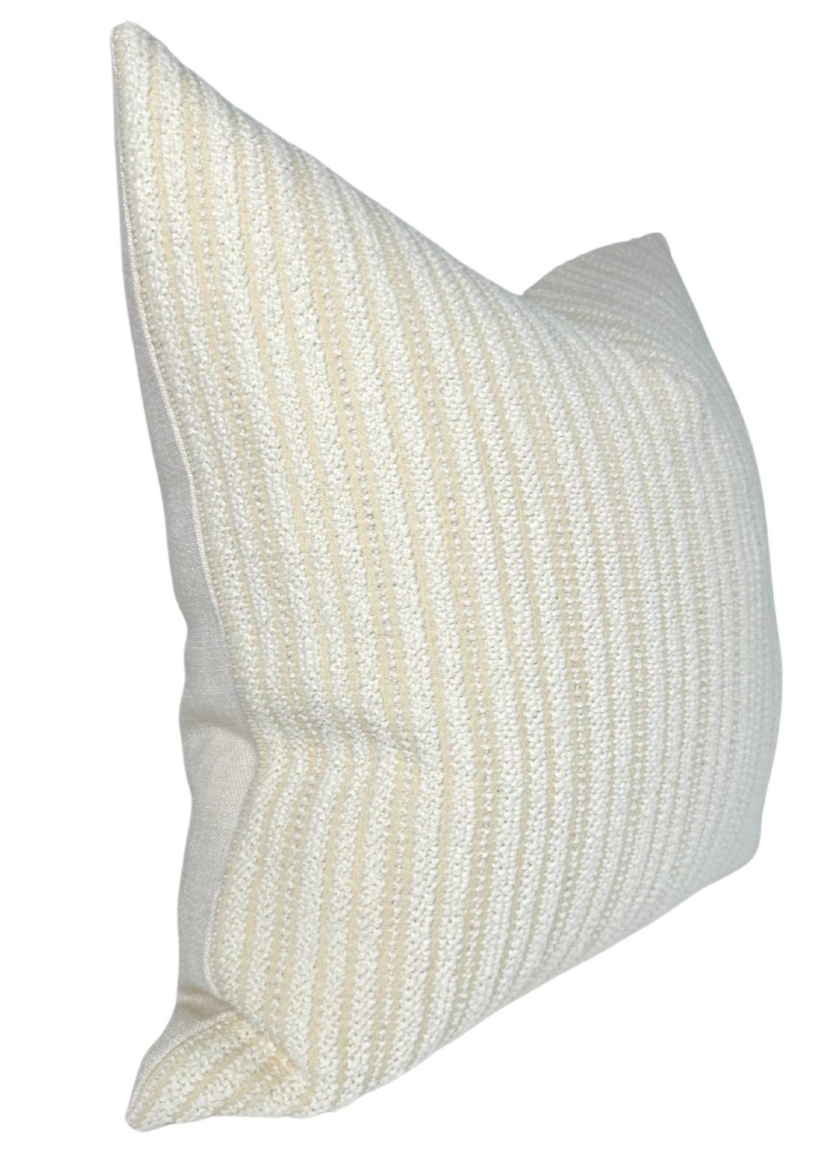 Square pillow with a textured woven cover featuring vertical cream and ecru stripes, shown angled against a white background.