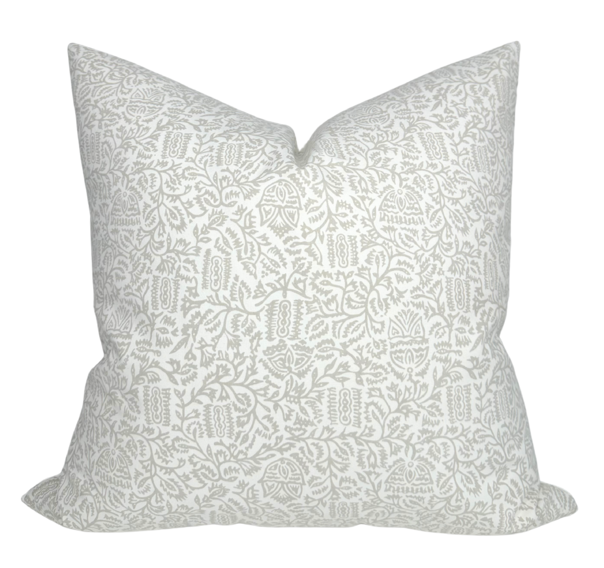 Morris Pillow Cover in Taupe with Schumacher Textiles, showing front printed fabric and ivory linen backing