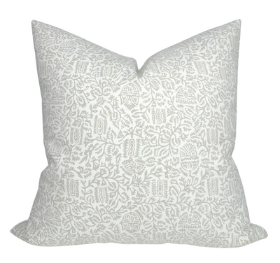 Morris Pillow Cover in Taupe with Schumacher Textiles, showing front printed fabric and ivory linen backing