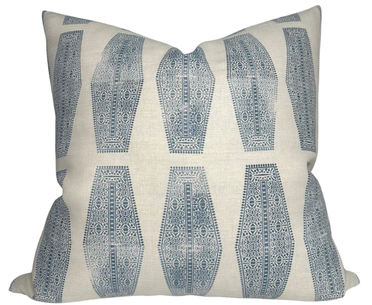 Inlay Pillow Cover in Lake Blue with ivory linen back view