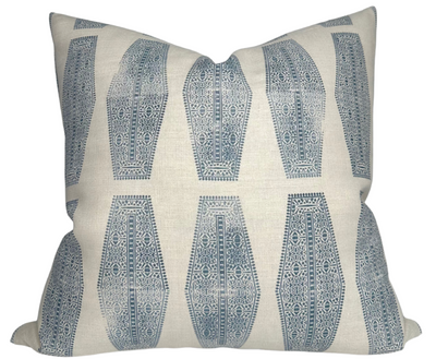 Inlay Pillow Cover in Lake Blue with ivory linen back view