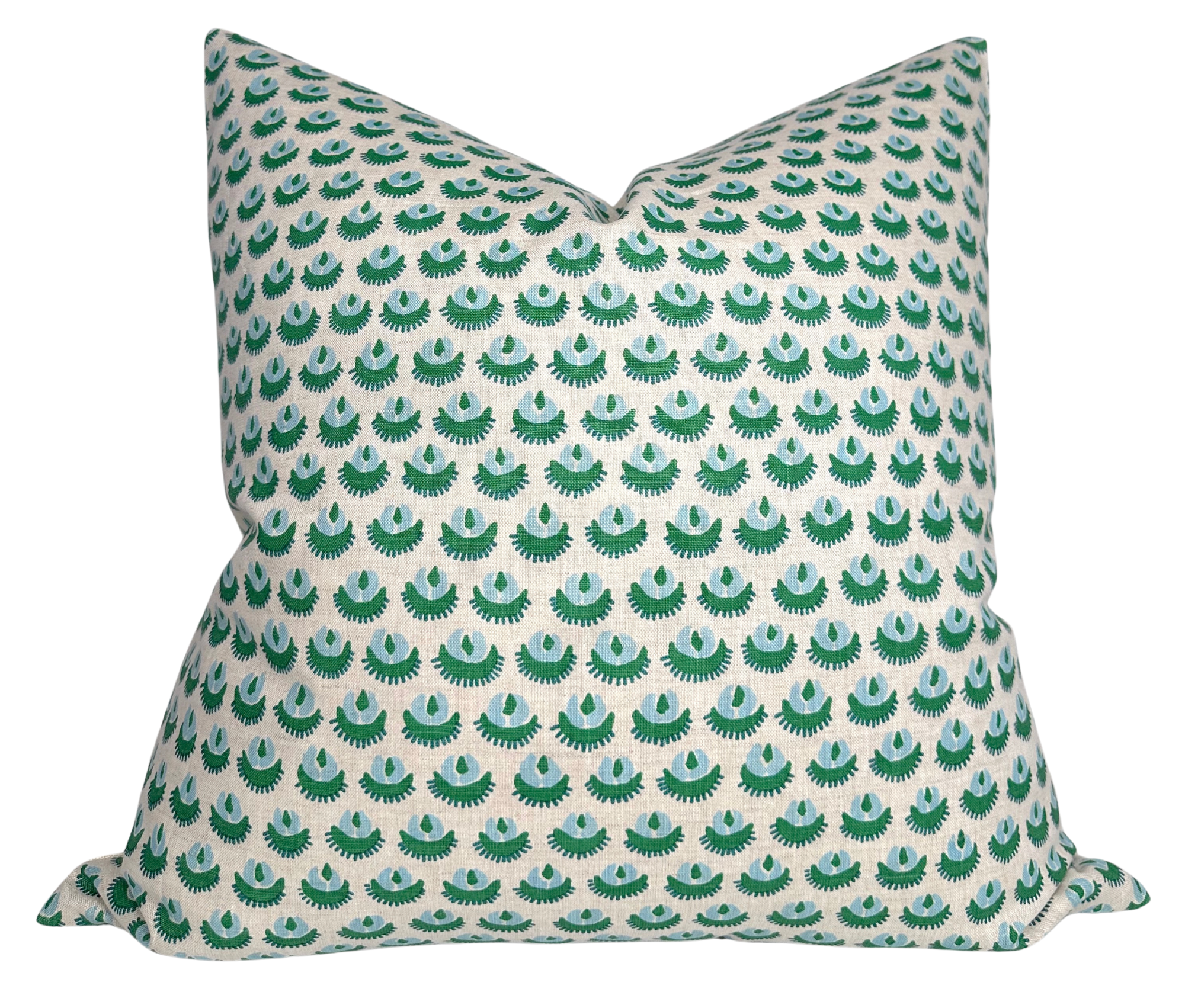 Cadiz Pillow Cover in Green with printed fabric front and ivory linen back