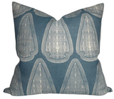 Artemis Pillow Cover in Lake Blue showing front with printed fabric and back with ivory linen