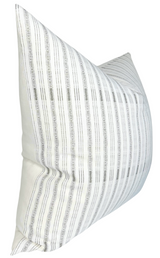 Rectangular pillow cover with thin vertical charcoal stripes alternating with dotted lines on white fabric, shown with slight angle and soft folds.