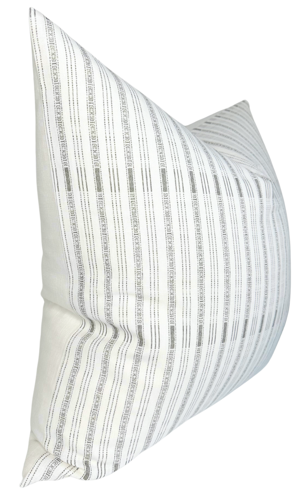 Rectangular pillow cover with thin vertical charcoal stripes alternating with dotted lines on white fabric, shown with slight angle and soft folds.