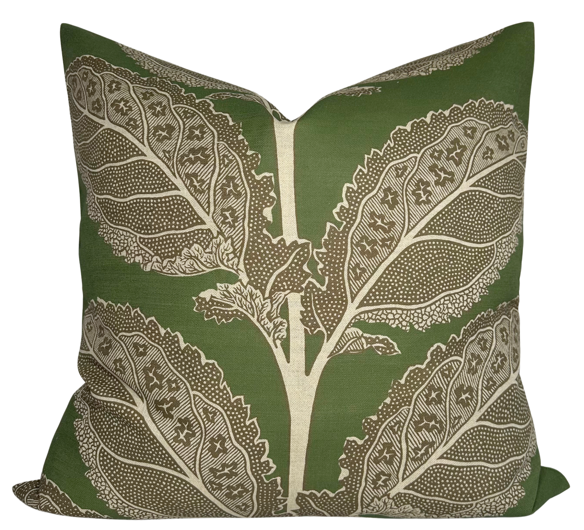 Decorative pillow featuring Wild Sage Lacinato printed fabric front and ivory linen back