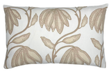 Rectangular white pillow with a natural beige floral pattern featuring large petals and dotted accents on branches and leaves.