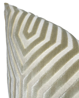 Close-up of a Vanderbilt pillow cover in greige featuring a geometric pattern of raised velvet lines on a smooth fabric background.