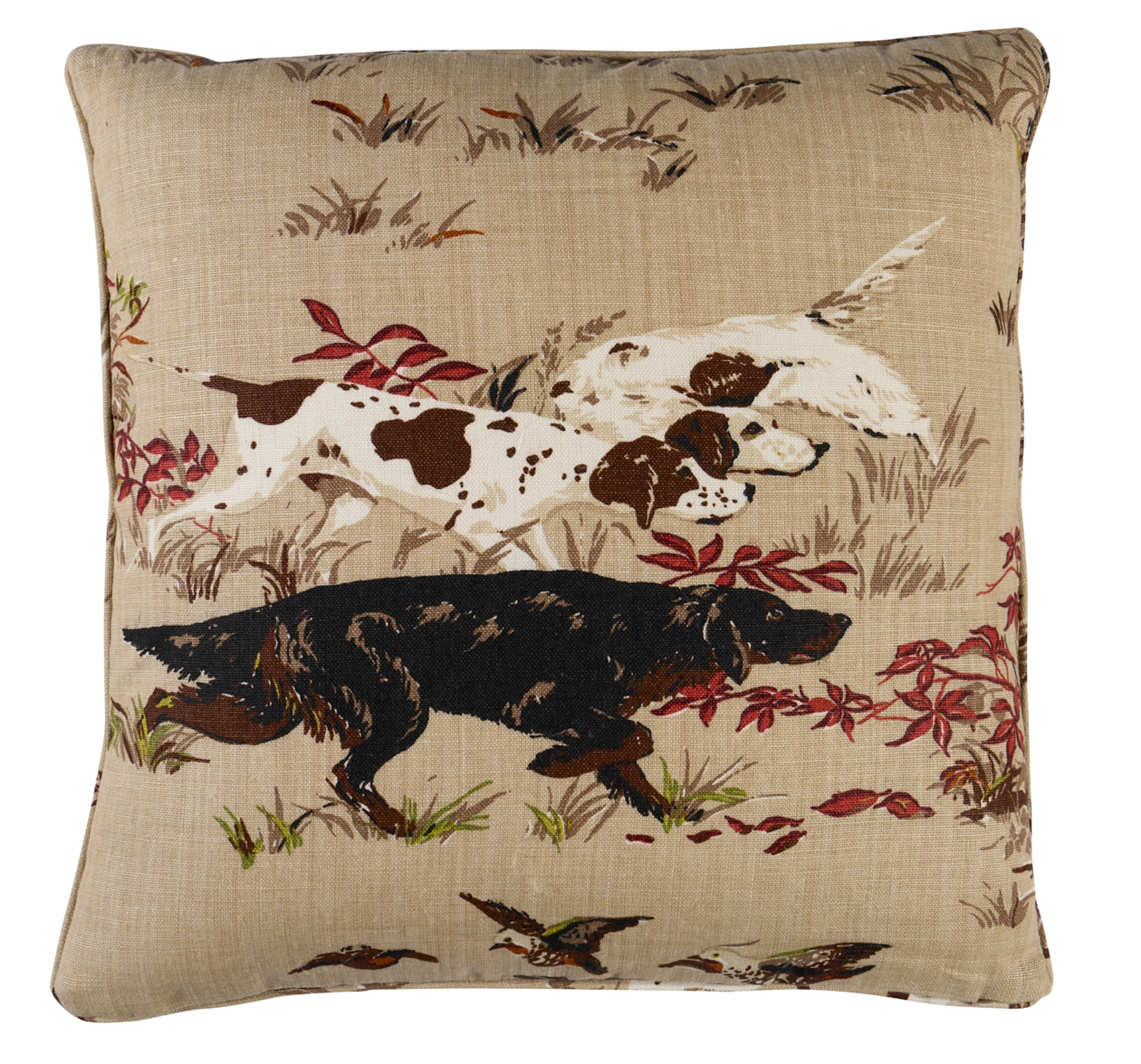 Pointers Pillow Cover in Brown front showing printed fabric and ivory linen back