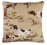 Beige square pillow cover featuring a hunting scene with three brown-and-white pointers pointing at two flying brown and white birds amid grass and foliage.