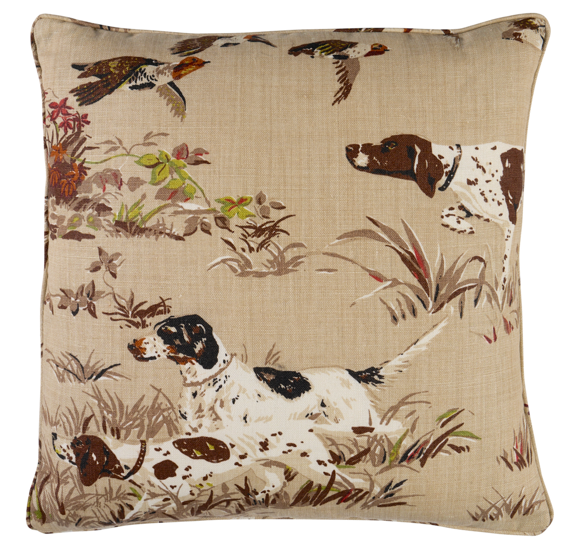 Beige square pillow cover featuring a hunting scene with three brown-and-white pointers pointing at two flying brown and white birds amid grass and foliage.