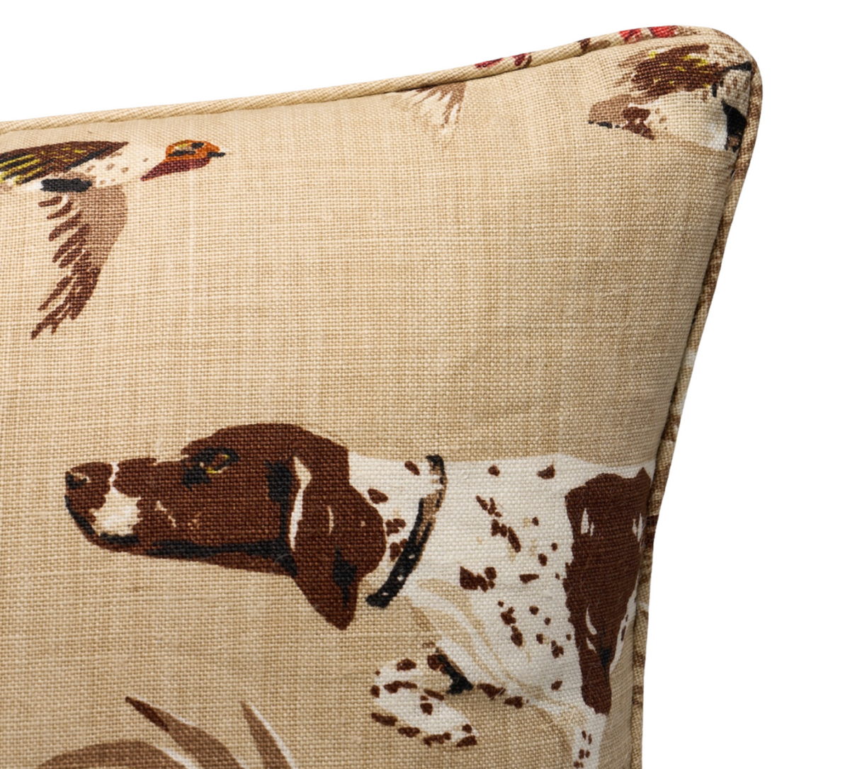 Brown pillow cover with a detailed print of a brown and white pointer dog and flying ducks on a textured beige background.