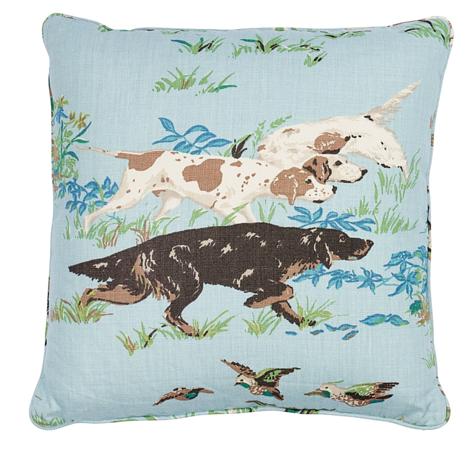 Pointers Pillow Cover in Sky Blue showing print side and ivory linen backing