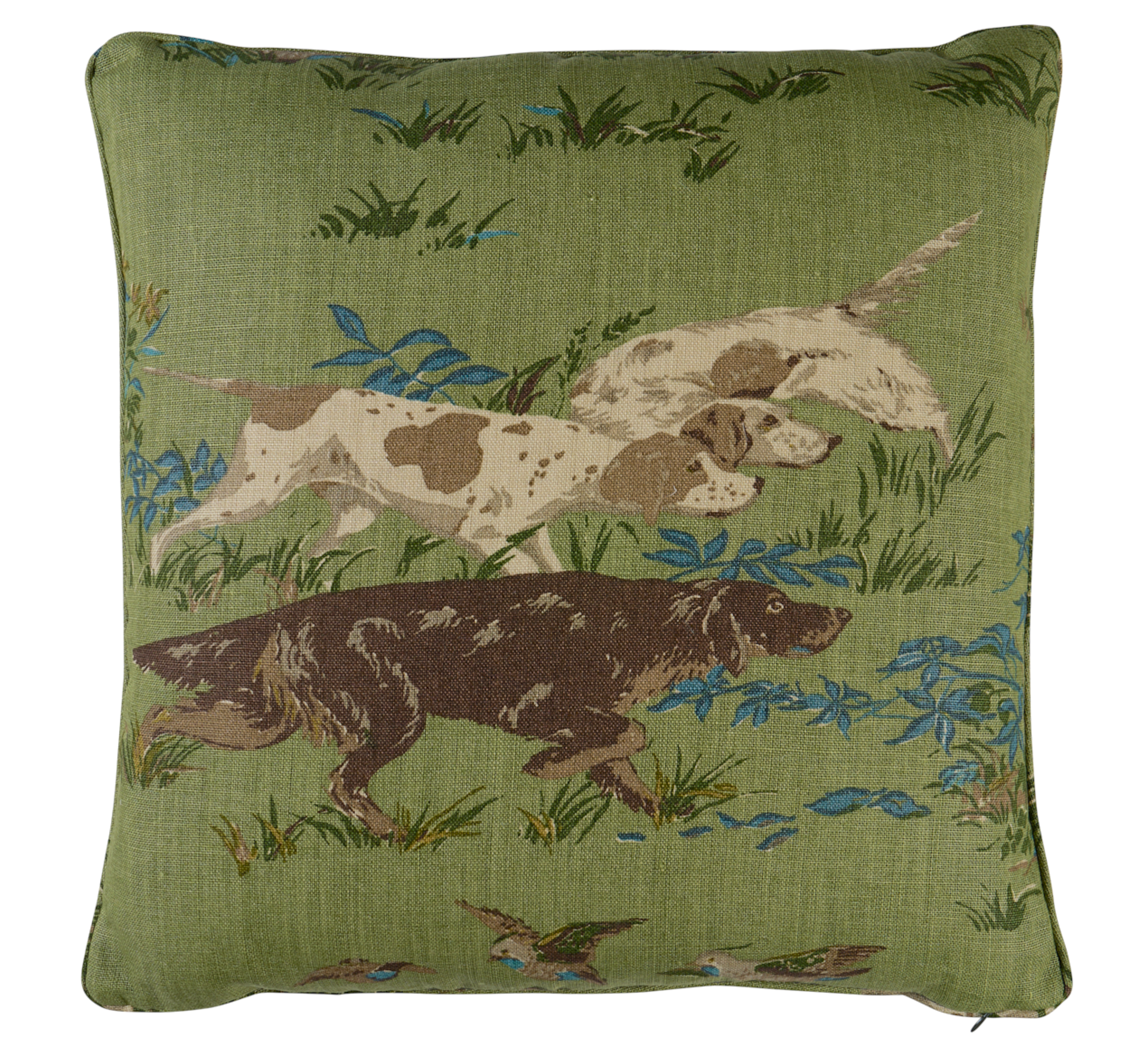 Pointers Pillow Cover in Meadow Green with cording detail on sofa