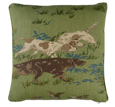 Pointers Pillow Cover in Meadow Green with cording detail on sofa