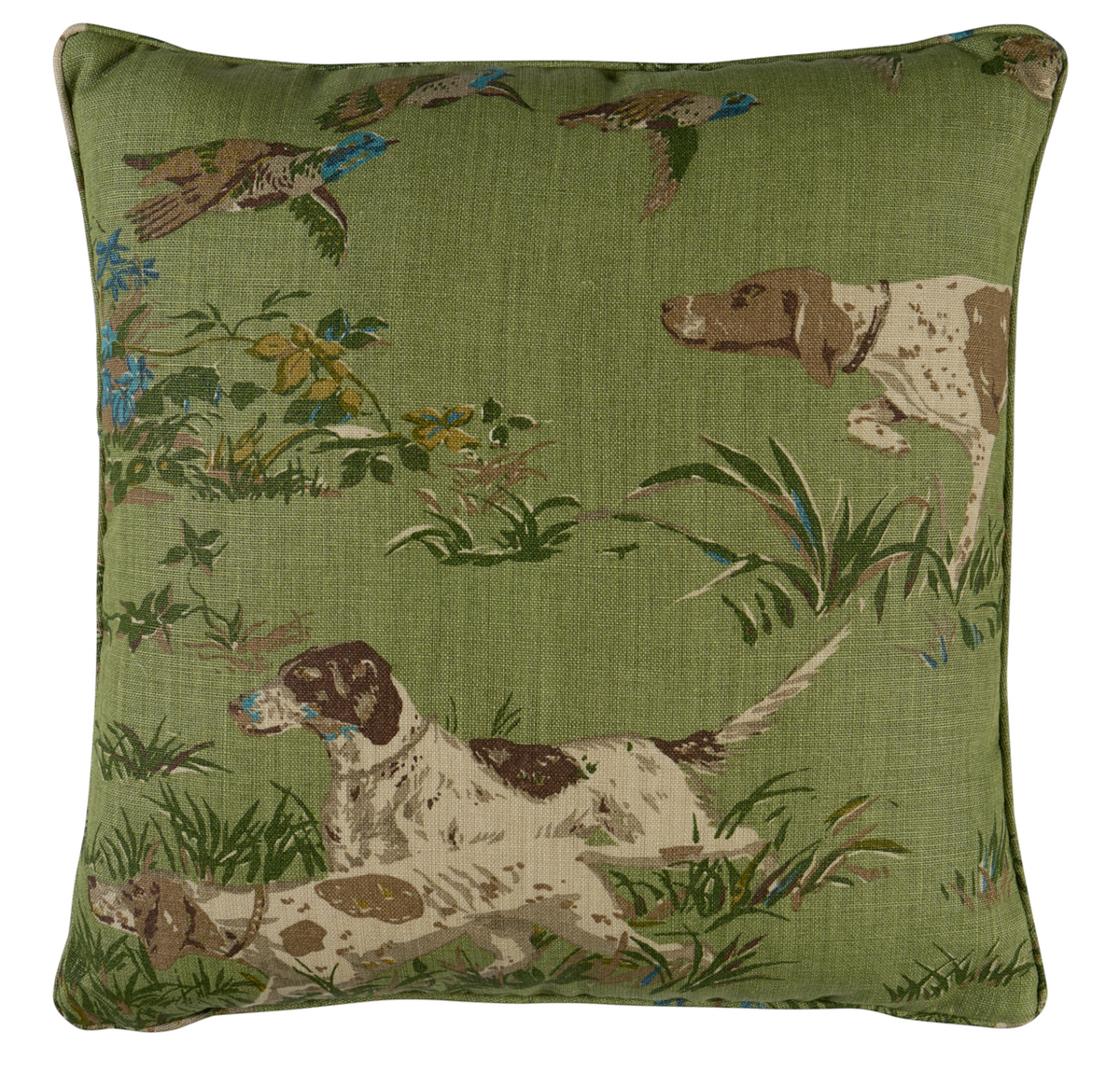 Square green pillow with printed design of three hunting dogs and foliage in natural tones, accented with small blue birds, on a meadow green background.