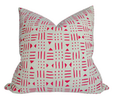 Bamako Pillow Cover in Graseille folded and shown in different views including woven fabric front and ivory linen back