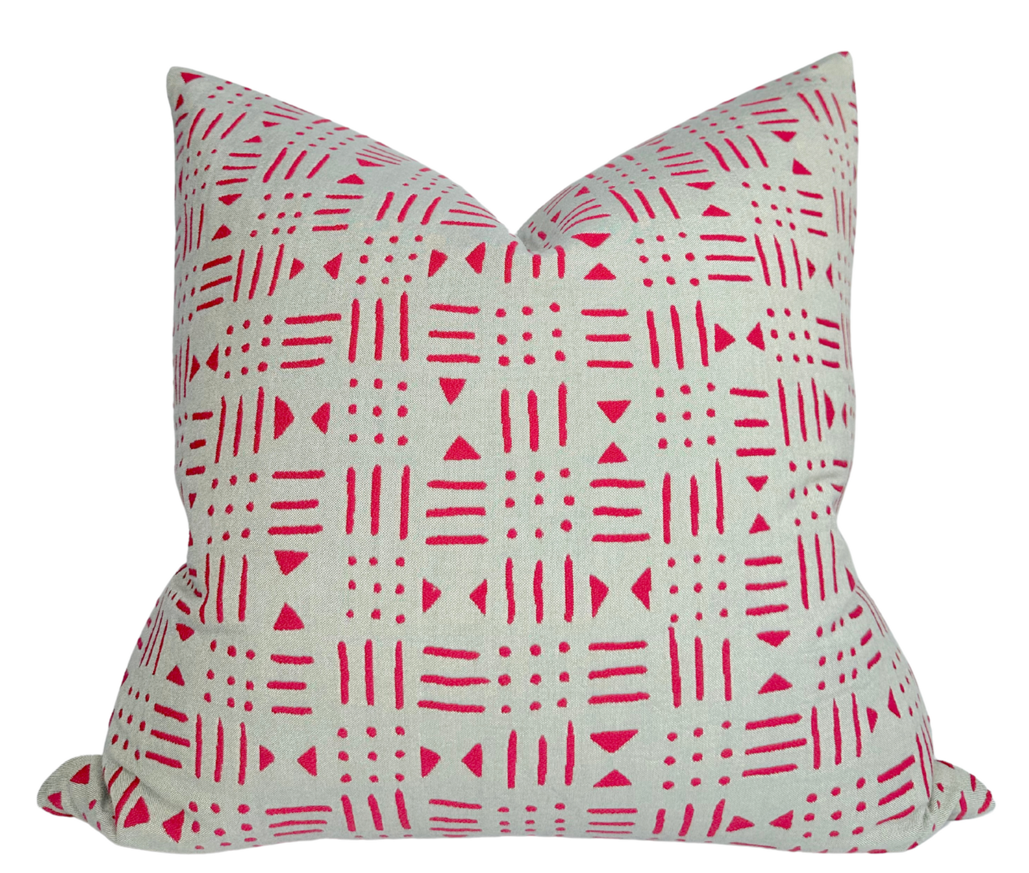 Bamako Pillow Cover in Graseille folded and shown in different views including woven fabric front and ivory linen back