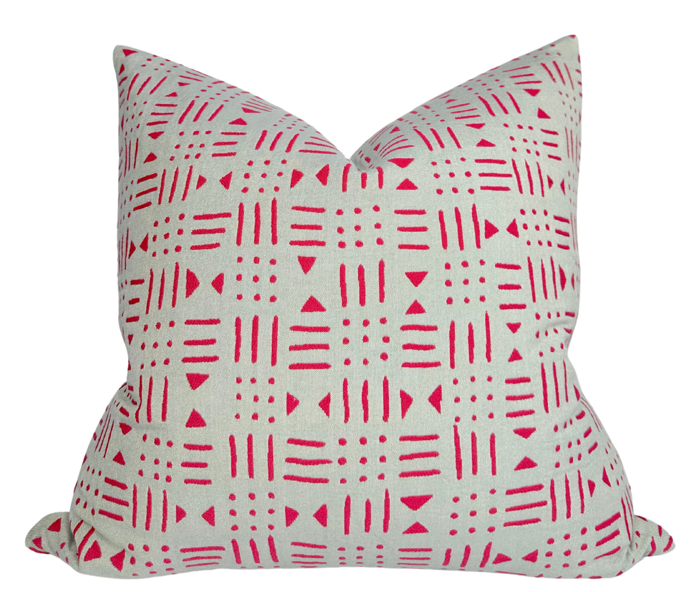 Bamako Pillow Cover in Graseille folded and shown in different views including woven fabric front and ivory linen back