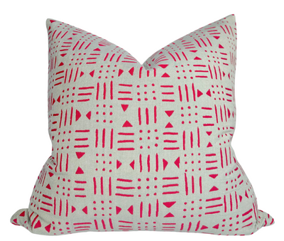 Bamako Pillow Cover in Graseille folded and shown in different views including woven fabric front and ivory linen back