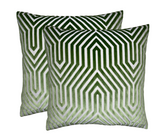 Pair of square pillow covers with green and white geometric maze-like pattern, featuring a soft velvety texture in varying shades of lettuce green.