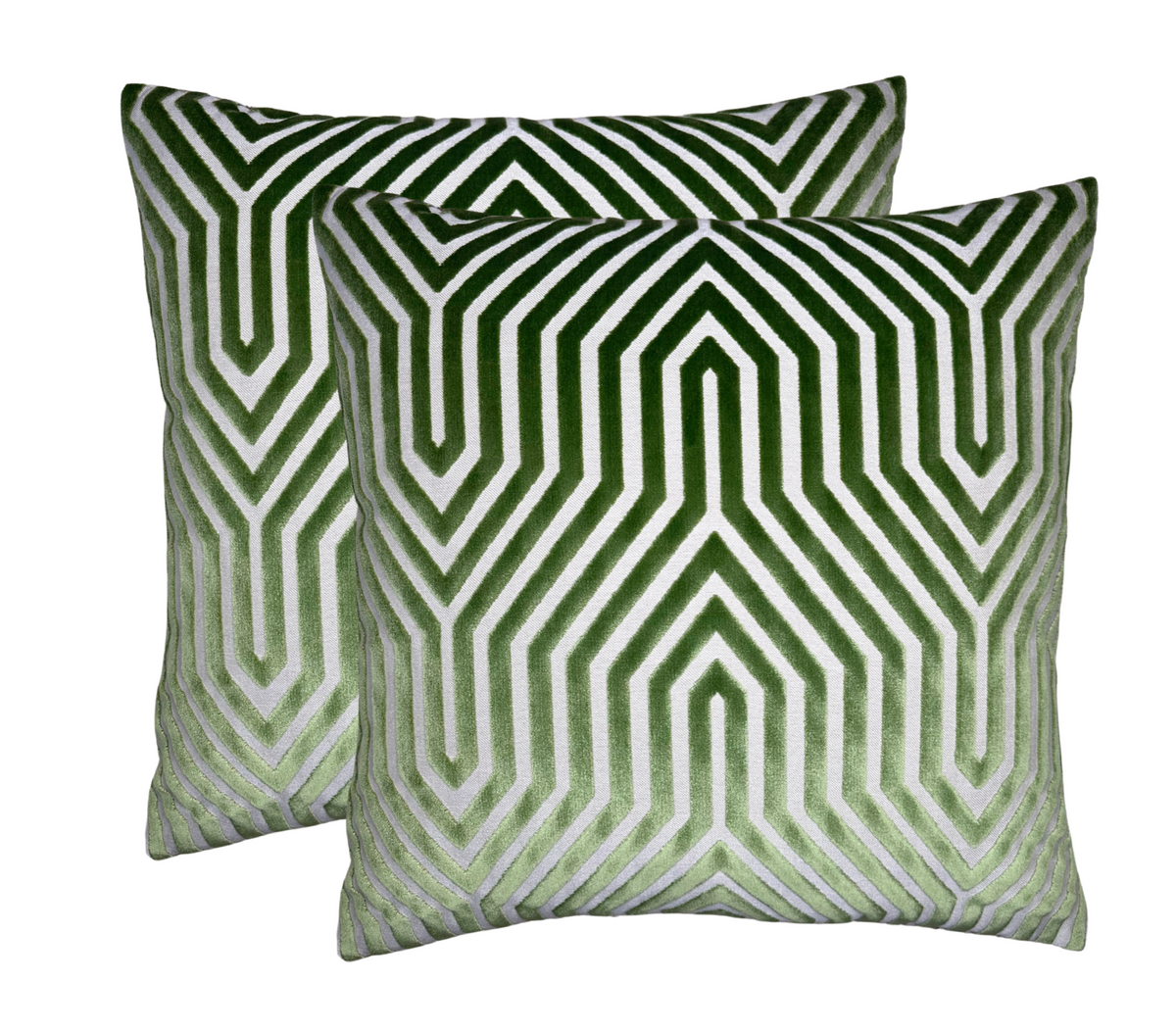Pair of square pillow covers with green and white geometric maze-like pattern, featuring a soft velvety texture in varying shades of lettuce green.