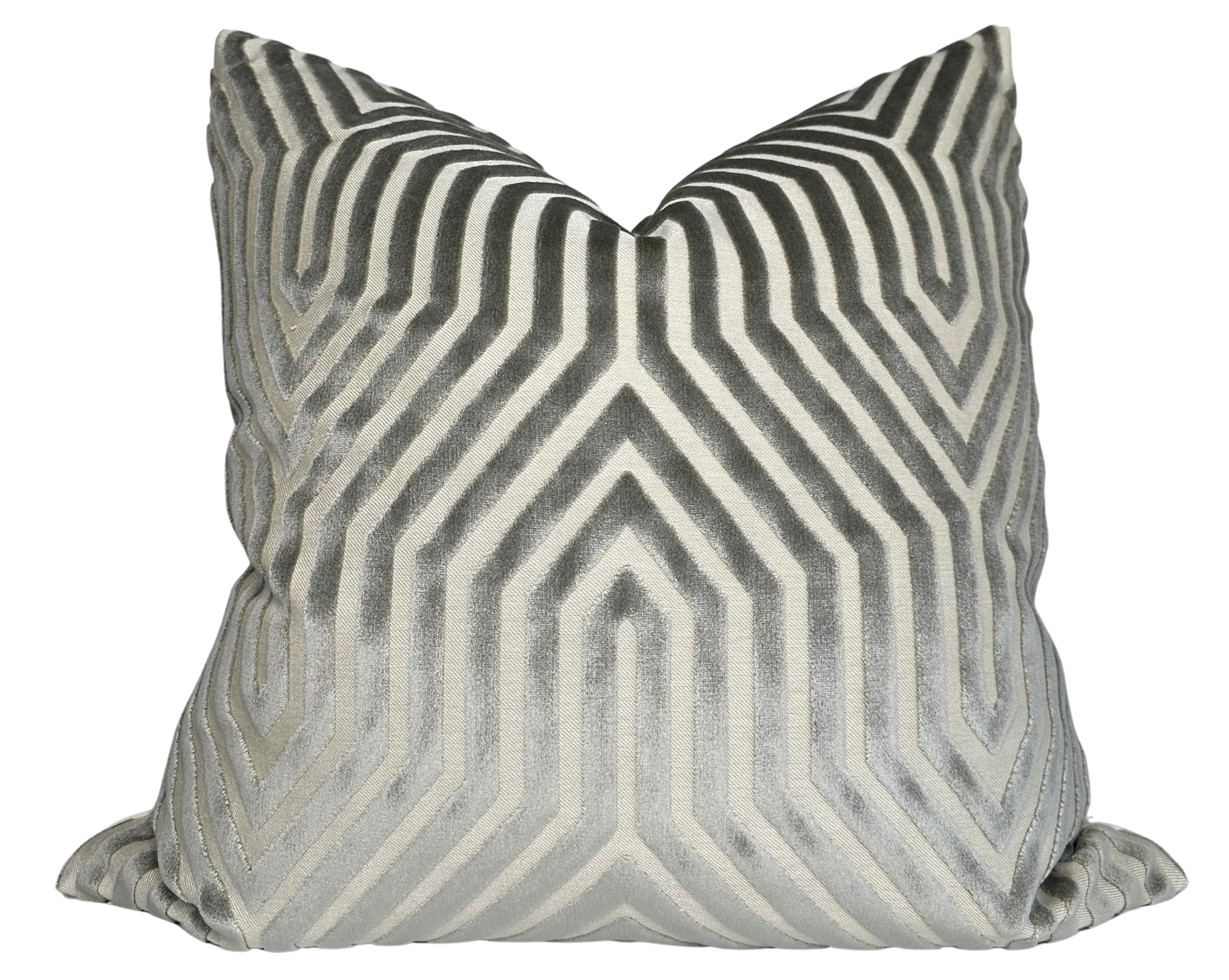 Vanderbilt Pillow Cover in Dove Grey showing velvet front with ivory linen backing