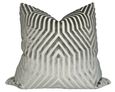 Vanderbilt Pillow Cover in Dove Grey showing velvet front with ivory linen backing