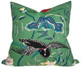 Lotus Garden Pillow Cover in Jade Green showing floral pattern and ivory linen backing