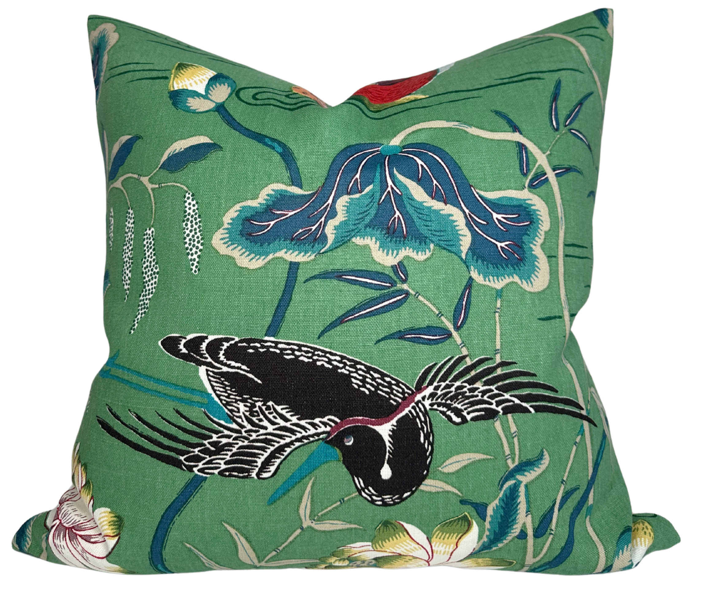 Lotus Garden Pillow Cover in Jade Green showing floral pattern and ivory linen backing