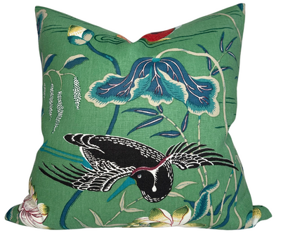 Lotus Garden Pillow Cover in Jade Green showing floral pattern and ivory linen backing