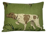 Rectangular green pillow cover featuring a detailed white and brown pointer dog with spots, surrounded by green and blue foliage at the edges.
