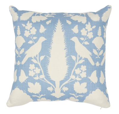Chenonceau Pillow Cover in sky blue and ivory with bird print on front and ivory linen back