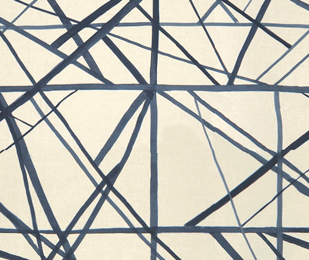 Abstract pattern of intersecting irregular navy and periwinkle blue lines on a cream-colored textile background.