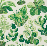 Green butterfly with white accents among various green botanical illustrations on a light background, showing detailed leaves and flower clusters in shades of green.
