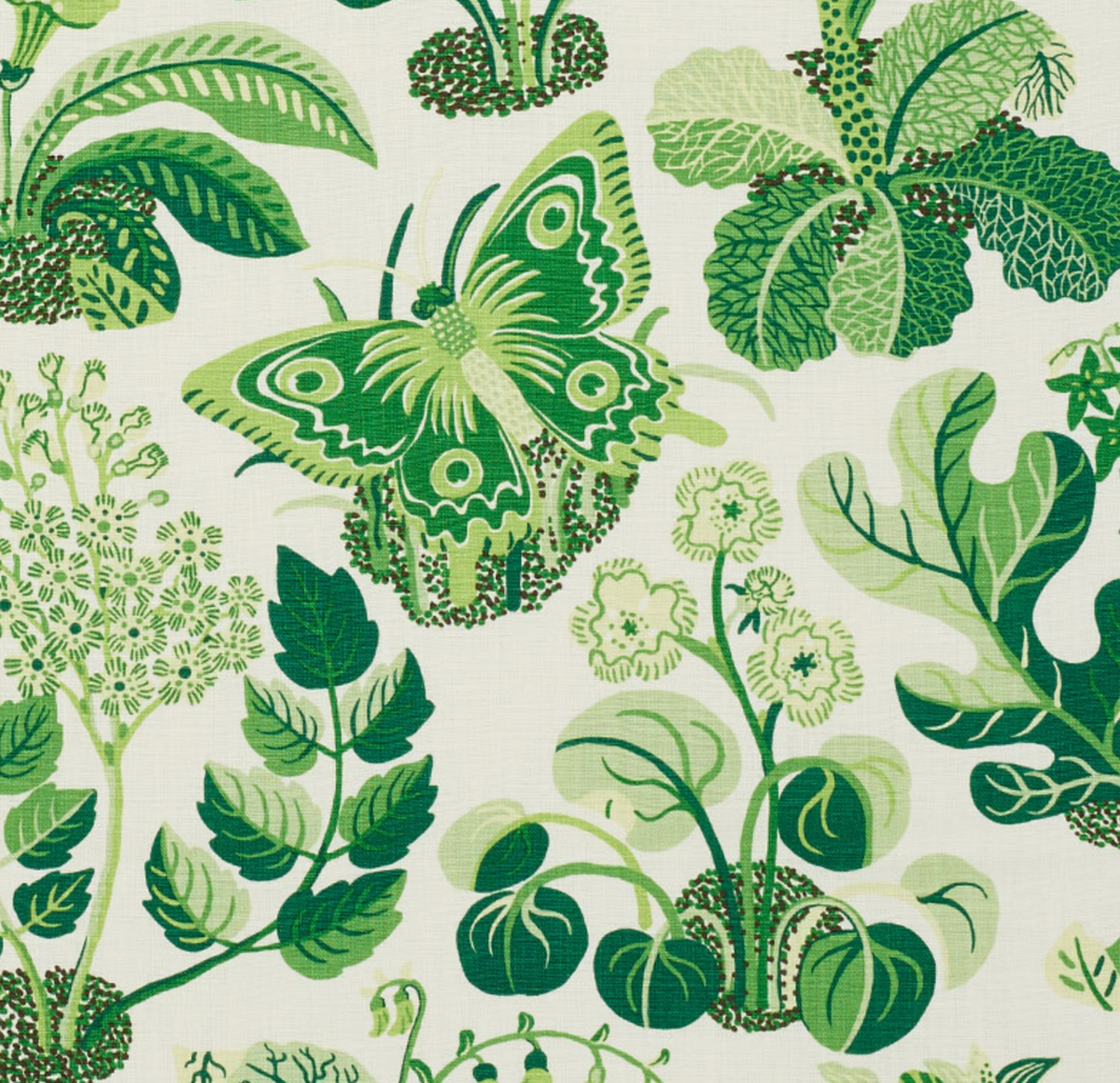 Green butterfly with white accents among various green botanical illustrations on a light background, showing detailed leaves and flower clusters in shades of green.