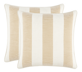 Pair of square pillow covers with broad vertical stripes in natural beige and off-white, featuring subtle texture and piped edges, shown against a white background.