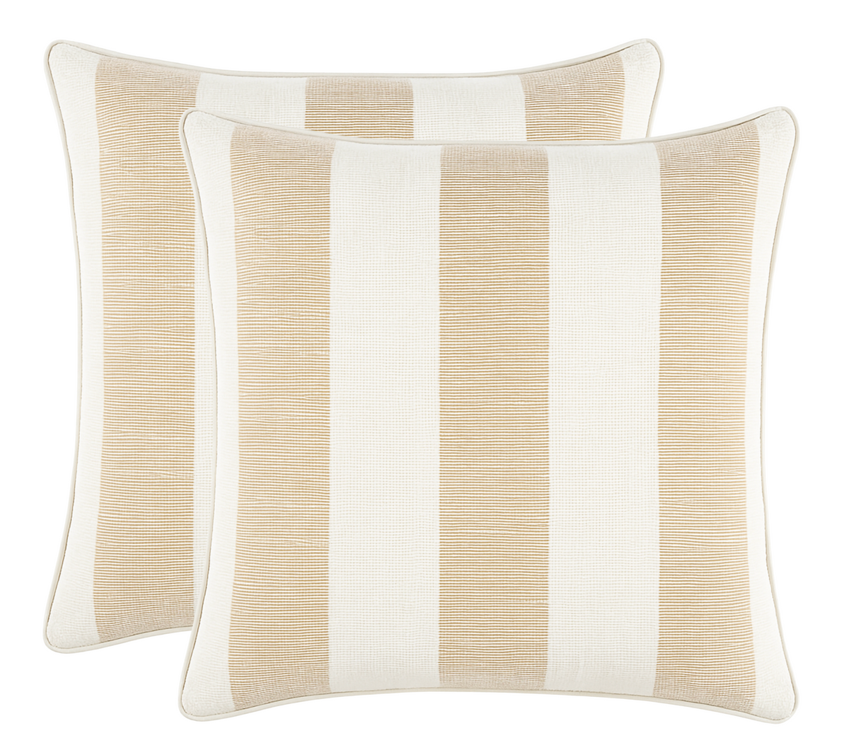 Pair of square pillow covers with broad vertical stripes in natural beige and off-white, featuring subtle texture and piped edges, shown against a white background.