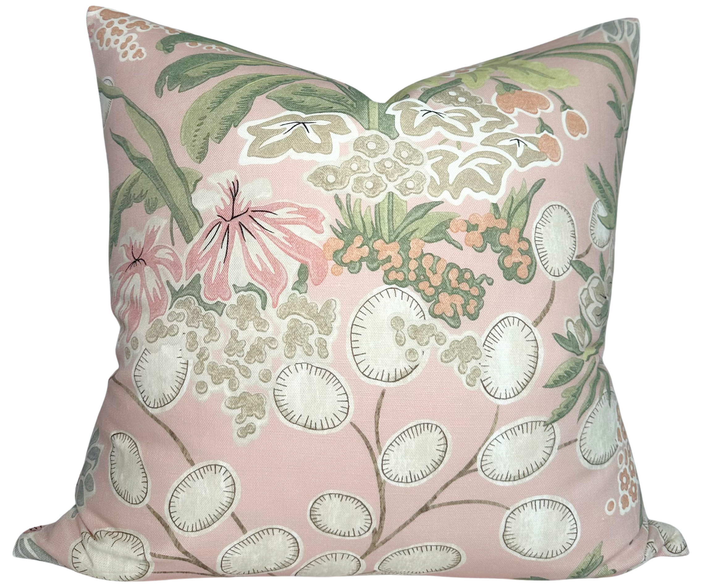 Meadow Floral Pillow Cover in Blush displayed on a neutral linen sofa with soft natural light