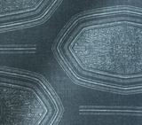 Indigo blue fabric with geometric patterns featuring octagonal shapes and intricate linear designs in lighter blue tones, creating a textured appearance.